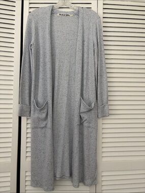 MICHAEL STARS Speckled Light Blue Ribbed Open-Front Duster Cardigan